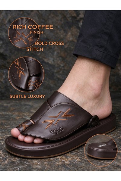 Huanhuan Shoe صنادل رجالية كلاسيكية مطرزة بنعل سميك من الجلد الناعم، صنادل أن...