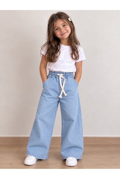 Genel Markalar Kız Çocuk Jeans-Siyah Beli Lastikli Düz Paça Esnek Likralı Kot...