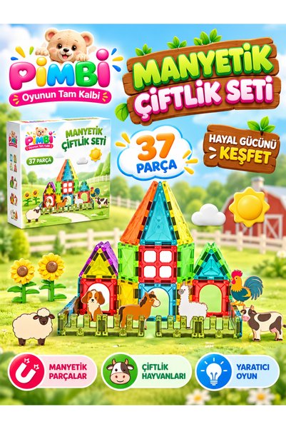 PİMBİ Manyetik Yapı Blokları Çiftlik Seti – Çocuklar Için Renkli 3 Boyutlu 37...