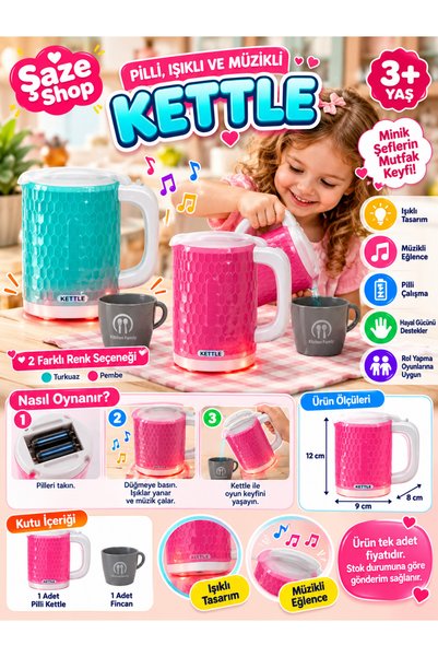 SAZE Pilli Işıklı ve Müzikli Oyuncak Kettle Su Isıtıcısı Fincanlı Mutfak Evci...
