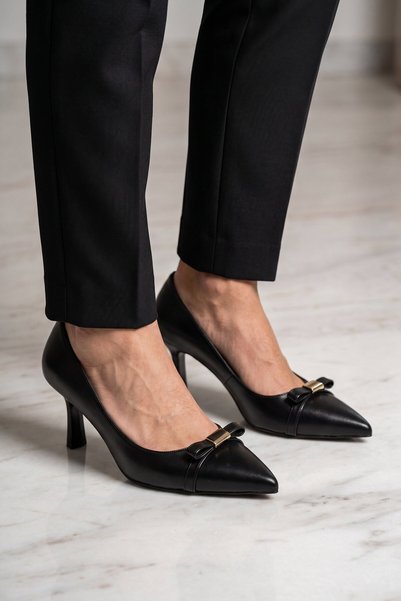 Aspor Black Leather Thin Heeled Pointed Toe Stylish Comfortable Office Daily ...