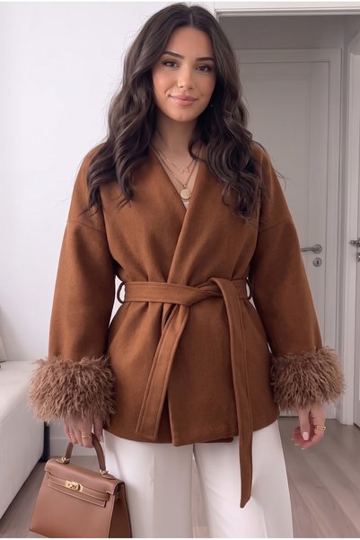 ALFUDO Moda Collection Kahve Bağlama Detaylı Rahat Kalıp Kaşe Kol tüy detay Hırka/Ceket