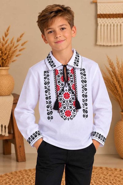 Generic Brand Camasa Traditionala pentru baieti, Ie alba brodata cu rosu-negru