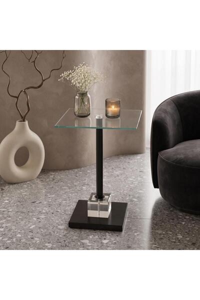 NO BRAND طاولة خدمة جانبية زجاج ورخام 35×35×56 سم أسود