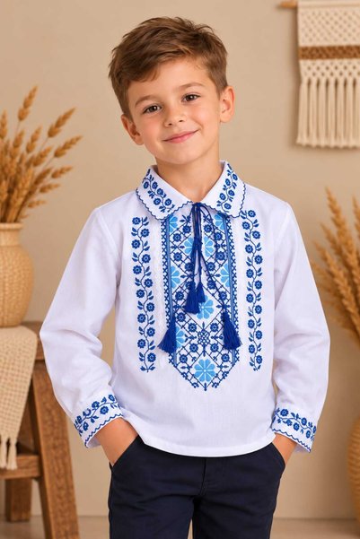 Generic Brand Camasa Traditionala pentru baieti, Ie alba brodata cu albastru