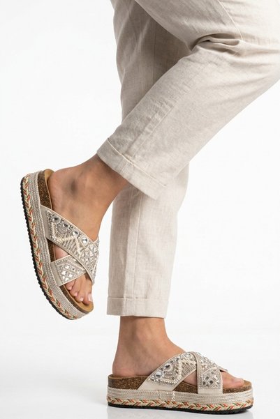 Guja White Embroidered Patterned Women's Flat Slippers