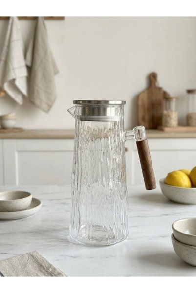 SELÇUK Lüks 1800 ml Ağaç Kabuğu Dokulu Cam Sürahi - Paslanmaz İnce Çelik Süzg...