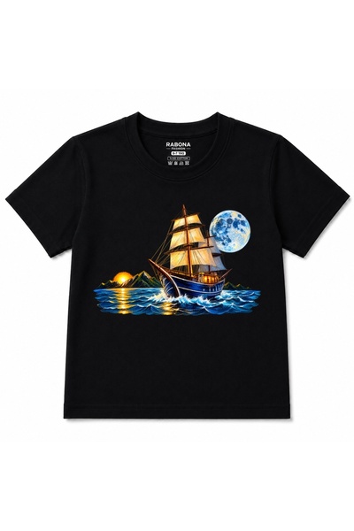 Rabona Fashion تي شيرت للأطفال مطبوع عليه Moonlit Voyage - قارب شراعي يرفرف ت...
