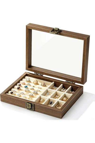 ALMEKAQUZ Brown Jewelry Box, Ring Organizer Tray, Earrings Display Case, Stor...