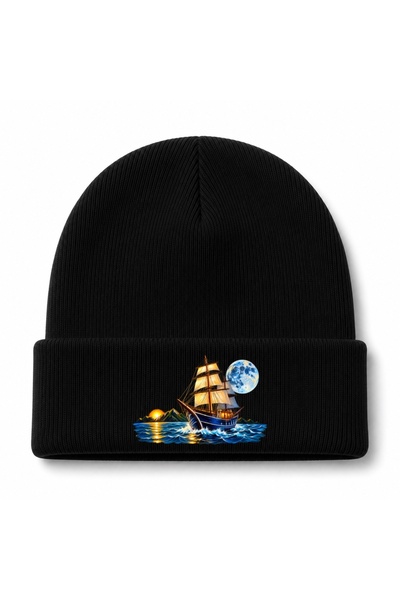 Rabona Fashion Moonlit Voyage – Full Moon and Sunset Sailing Ship Printed Beanie