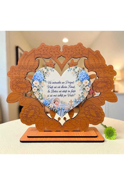 OEM Cadou Cerere Nași Botez Băiețel – Ramă Florală din Lemn, 22x18 cm