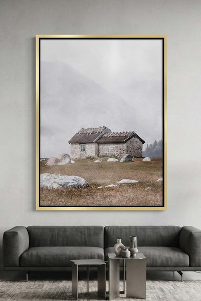 Jasmine Art Misty Stone Cottage Architecture Wall Art | Portrait Framed Canva...