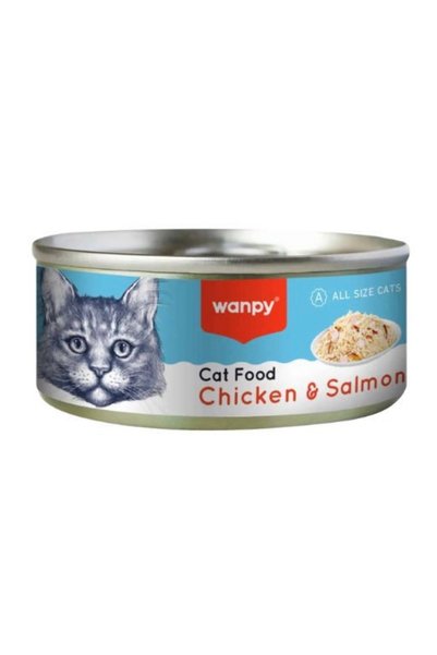 Wanpy طعام معلب مع قطع دجاج وسمك سلمون للقطط 95 غ