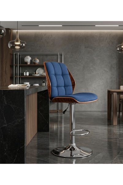 NO BRAND Blue and Wood Upholstered High Bar Stool with Lift Chrome Base