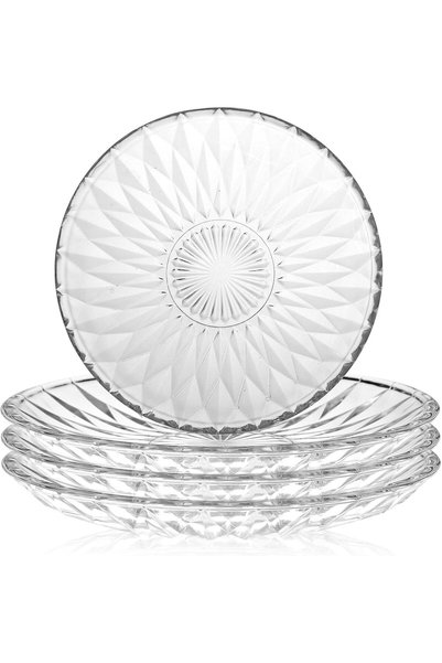 SYOSI 6 Inch Clear Glass Plates Set of 4 - Vintage Diamond Textured Dinner Pl...