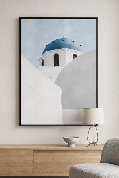 Jasmine Art Santorini Blue Dome Architecture Wall Art | Portrait Framed Canva...