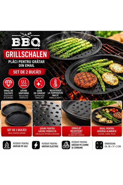 BBQ Set 2 Tăvi pentru Grătar – Metal Emailat, Perforate, Rezistente până la 4...
