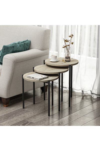 Luna Sehpa 3’lü Yuvarlak, Metal Ayaklı, Modern Tarz, Kahve, Servis ve Sunum Sehpası