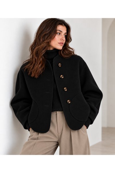 BEYUSİRA Women's Patterned Textured Fabric Oversize Buttoned Jacket with Stan...