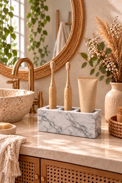 Zigzag Home Dekoratif Siyah Mermer Desen Diş Fırçalık Modern Elektronik Diş Macunluk Ve Diş Fırçalık Organizer