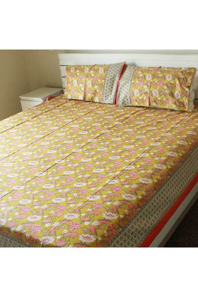Ecotattva Bedsheet and 2 Pillow Covers - Mustard and Pink Print