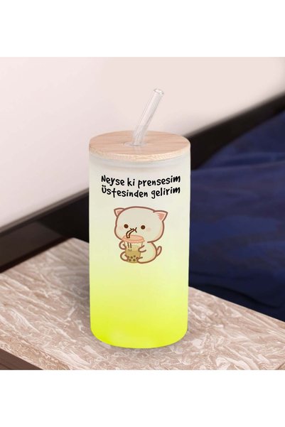 Bk Gift Humorous Design Yellow Color Frosted Glass Cup with Straw 600ml - 4, ...