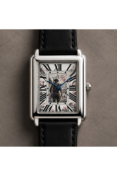ALSULTAN WATCH ساعة آرثر مورغان – تصميم مستوحى من Red Dead Redemption 2 – ساعة يد مستطيلة بإطار فضي وسوار أسود