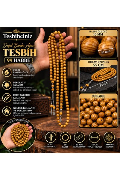 tesbihciniz Natural Bamboo Tree Decorative Prayer Beads with 99 Beads - 10 mm