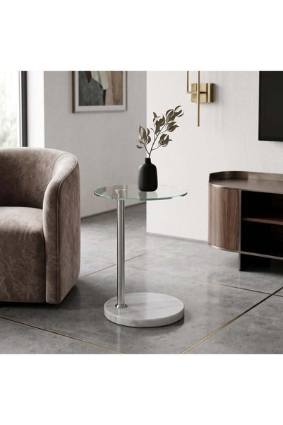 NO BRAND طاولة خدمة فضية زجاج ورخام 35×35×55 سم
