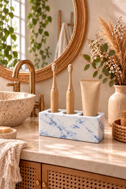 Zigzag Home Dekoratif Mavi Mermer Desen Diş Fırçalık Modern Elektronik Diş Macunluk Ve Diş Fırçalık Organizer