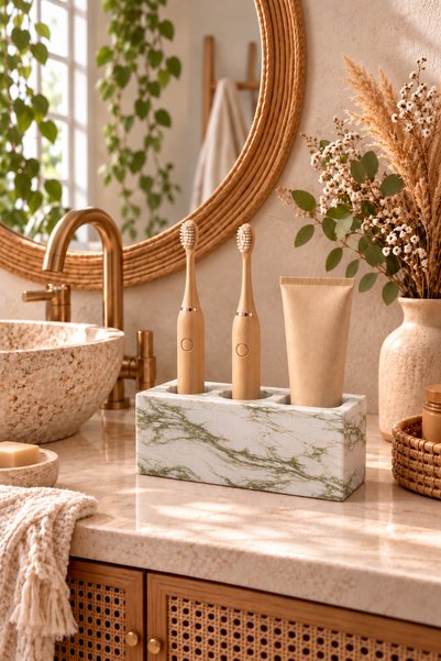 Zigzag Home Dekoratif Yeşil Mermer Desen Diş Fırçalık Modern Elektronik Diş Macunluk Ve Diş Fırçalık Organizer