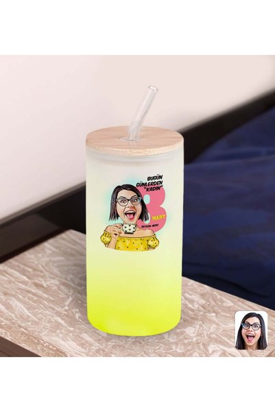 Bk Gift Special Cartoon Yellow Colored Glass Cup with Straw for Women's Day 6...