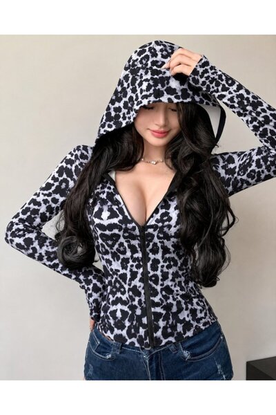 Şeker Portakalım سترة غطس نسائية بأكمام طويلة وسحاب أمامي وطبعة جلد الفهد