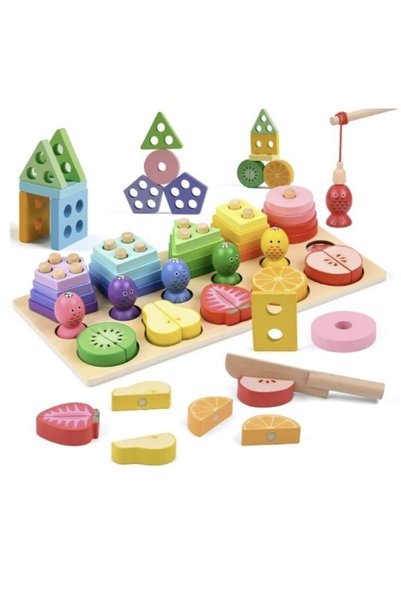 Generic Brand Joc educativ Montessori 3 in 1 din lemn, sortator de forme geom...