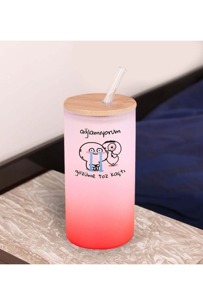 Bk Gift Humorous Red Color Glass Cup with Straw and Ice 600ml - 2, Gift for a...