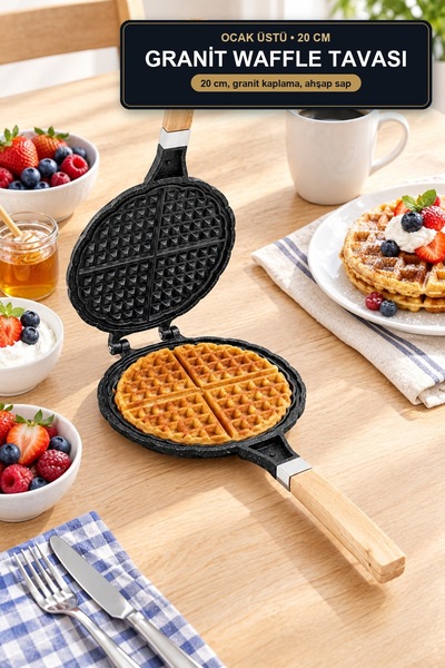 viracasa Granite Waffle Pan 20 cm Non-Stick Waffle Pan with Cast Iron Wooden ...