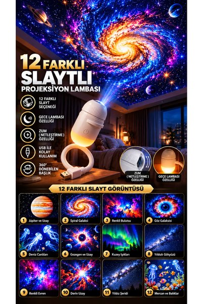 r8poınt 12 Slaytlı Yıldız Galaksi Projeksiyon Gece Lambası | USB Uzay Projekt...
