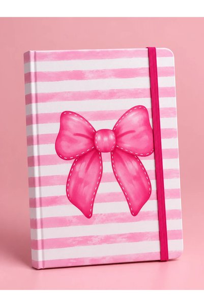 ÖZ OFİS Tatlı Kurdele Tasarımlı Lastikli Çizgili Defter | Soft Pembe Renk Ser...