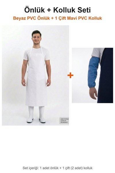 O.M.D Pvc Apron and Sleeve Set White Apron + Blue Sleeves – Dishwasher, Fishe...