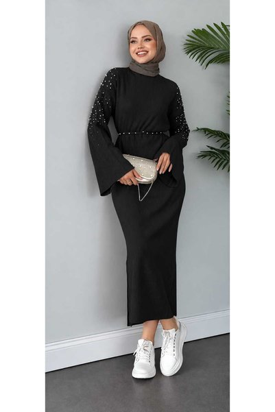 aymiraa Women's Hijab Knitwear Dress Pearl Detailed Wide Sleeve Long Stretchy...