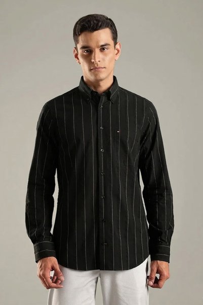 Tommy Hilfiger Mens Black Striped Regular Fit Cotton Shirt