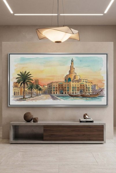 Jasmine Art Fanar Mosque Architecture Wall Art | Panoramic Framed Canvas Prin...
