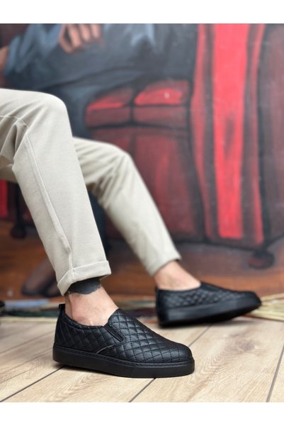 Generic Brand Laceless Quilted Men's Casual Shoes Black (Black Sole)