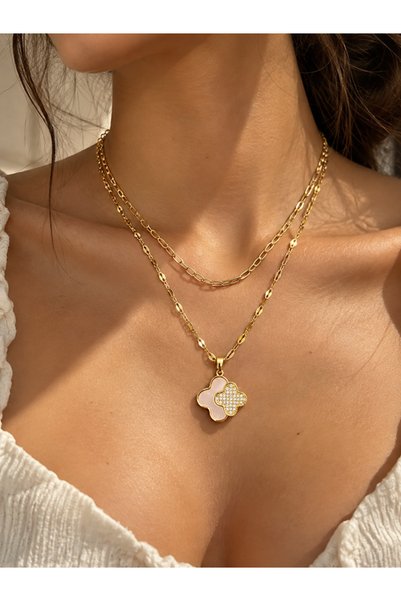 Elmosia Jewelry قلادة من الفولاذ قابلة للتعديل مرصعة بحجر الزركون وبريق ذهبي