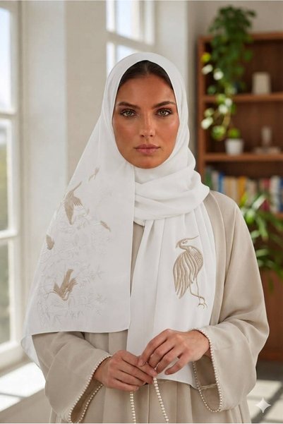 Veil Designer طرحة ابيض بوال قماش ياباني بتطريز مختلف علي الطرفين المقاس 190*55