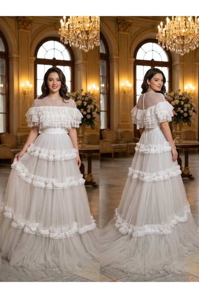 JABO WEDDİNG HOUSE GELİNLİK 34 BEDEN TÜL PİLİSE VE PUANTİYE DETAYLI A KESİM G...