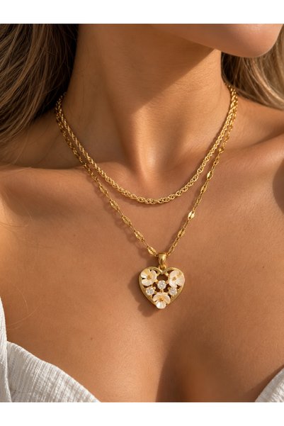Elmosia Jewelry قلادة فولاذية مزدوجة - تصميم مفصل مزين بالزهور وحجر الزركون
