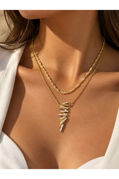 Elmosia Jewelry قلادة متعرجة بتصميم مزدوج من الذهب والزركون، قلادة من الفولاذ...