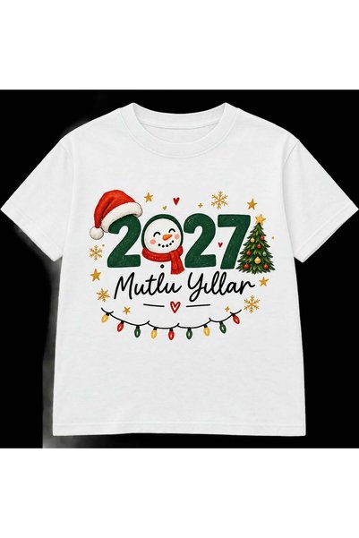 EYMORA 2027 Happy New Year Written White Unisex T-Shirt - Snowman, Santa Hat,...