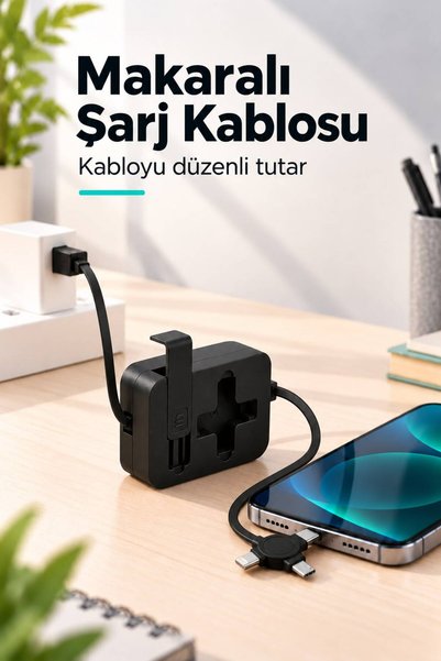 Evgereçlerim 3'ü 1 Arada Makaralı Şarj Kablosu Cep Tipi Telefon Tutuculu Uzayıp Kısalabilen